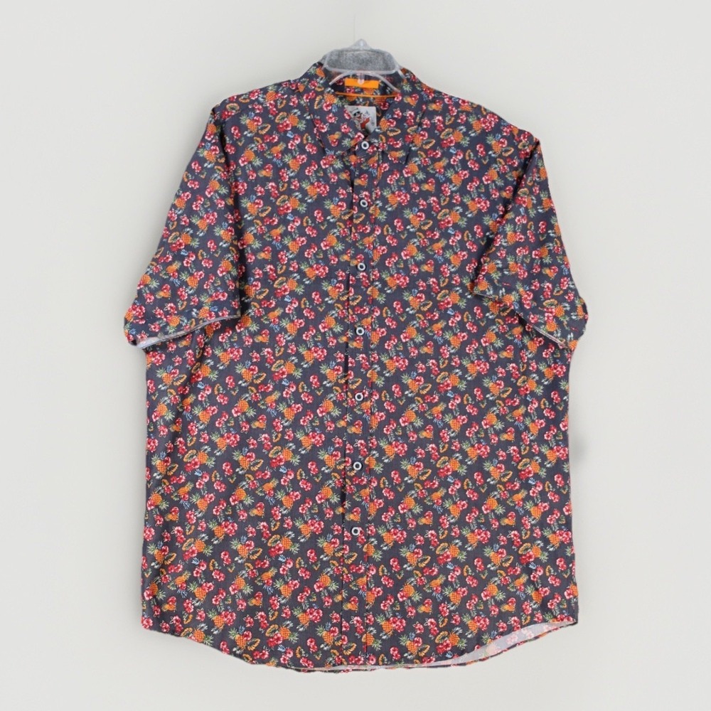 Marti Kat Shirt Men XXL Short Sleeve Flip Cuff Geometric Button Up Pocket Floral